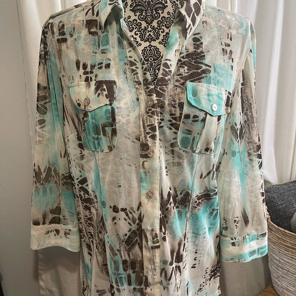 Chico's Turquoise, Brown & Cream Abstract Button-Up Blouse